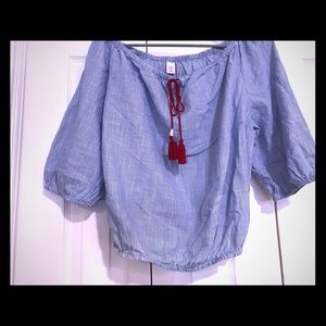 Blue and white off the shoulder shirt